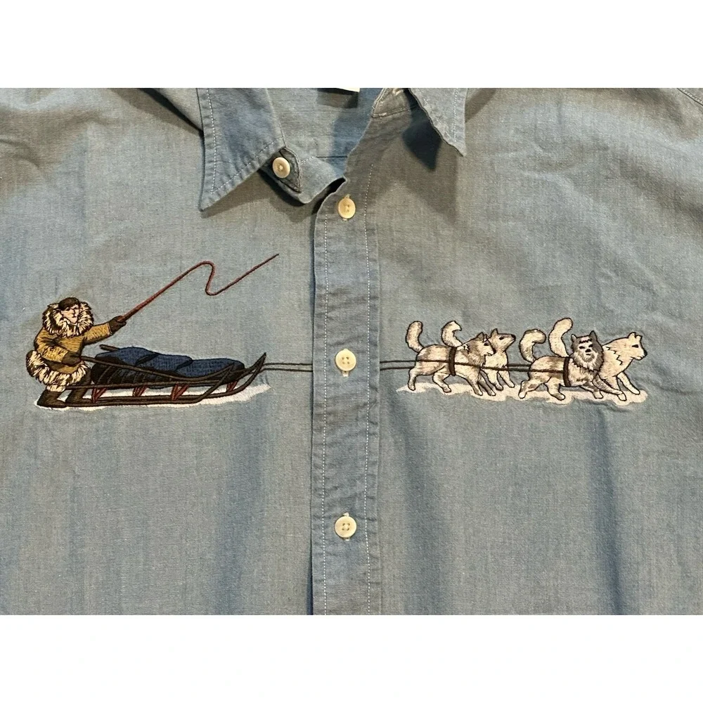 VTG  Banana Republic Safari Travel Clothing Embroidered Dog Sled Cotton Shirt XL